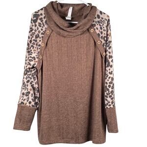 Honeyme Mock Neck Sweater Womens Size Large Leopard Print Soft Buttons Brown